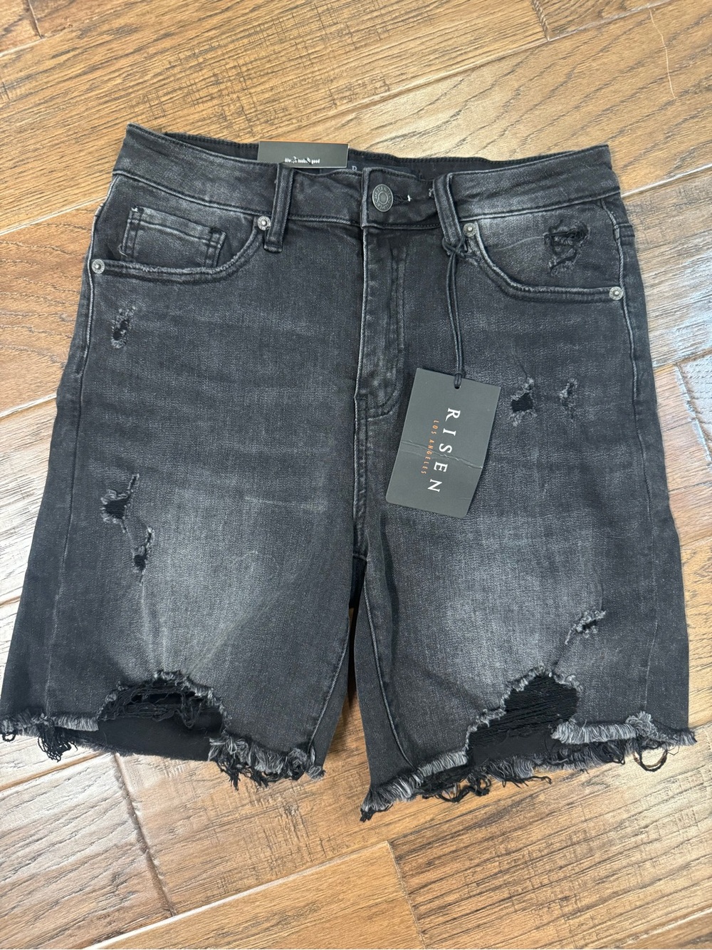 Risen Distressed High-Rise Black Denim Shorts